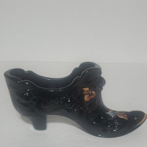 Vtg Fenton Black Cabbage And Rose Shoe Handpainted And Signed By Artist